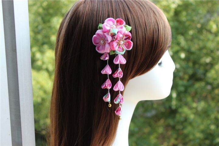 สไตล์ญี่ปุ่น-sakura-crape-kanzashi-เครื่องประดับผม-wisteria-tassels-ดอกไม้สีแดงสีชมพู-kimono-yukata-hairpin-อุปกรณ์เสริม-handmade