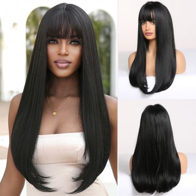 【jw】✱❈๑  Dark Synthetic Wigs with Bangs Straight Gray Hair for Afro Resistant Wig