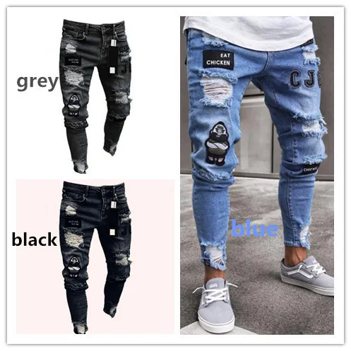 Men's tight jeans with holes and badges | Lazada