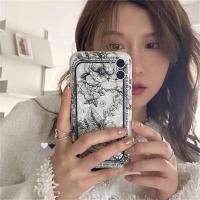 △✑▥ New Korean Cute Black Flower Phone Case for IPhone 11 12 13 Pro XS Max X XR 7 8 Plus SE Shell Pattern Soft Shockproof Back Cover