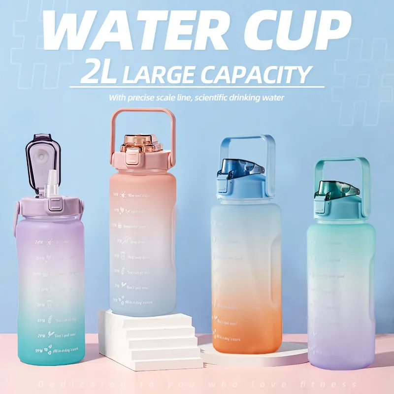 64oz 2L Motivational Water Bottle With Straw, Handle With Time