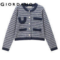 GIORDANO Women Cardigans Contrast Color Fake Pocket Crewneck Cardigans Button Closure Stripe Fashion Casual Cardigans 18353002