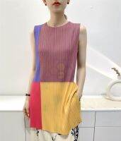 ☊卐 Aiden001 Average Size High Elastic Loose Ironing-Free Printed Mid-Length T-Shirt Summer Pleated Top Womens Sleeveless Contrast Color Vest L-619