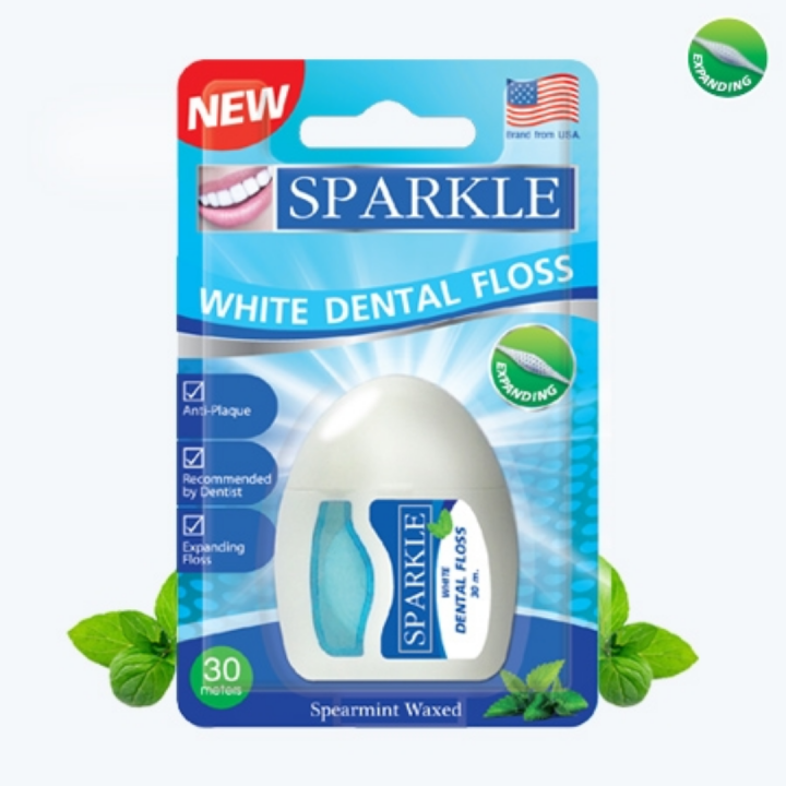 sparkle-white-dental-floss-สปาร์คเคิล-ไหมขัดฟัน-กลิ่นสเปียร์มิ้นท์-ทำความสะอาด-ระหว่างซอกฟันและร่องเหงือก-ทนทาน-ไม่ระคายเคือง-ยาว30เมตร