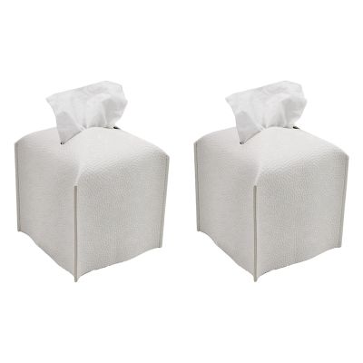 2X Tissue Box Cover Holder Square PU Leather Facial Tissue Box Roll Paper Dispenser for Bathroom Dressing Table-White