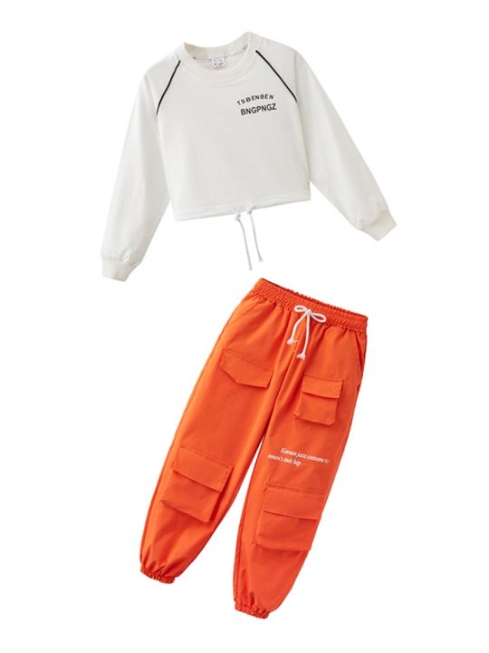 2023-kids-jazz-dance-costume-girls-crop-tops-orange-cargo-pants-hip-hop-clothes-modern-dance-performance-suit-kpop-outfit-bl9901