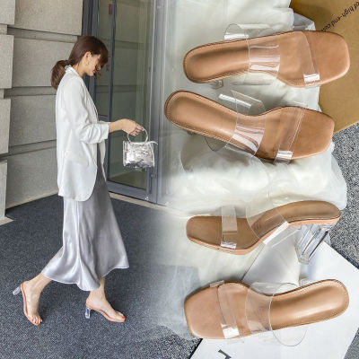 Ready Stock Transparent sandals womens high heels new summer versatile fairy fashion crystal medium heel sandals