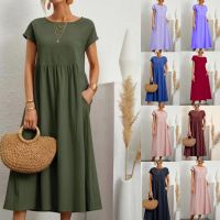 2023 New Dress Womens Retro Solid Color Sleeveless Loose Long Skirt with Pockets