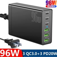 Eu US UK 96W เดสก์ท็อป6แท่นชาร์จยูเอสบี3 USB-C พอร์ต PD20W QC3.0เครื่องชาร์จติดผนังที่ชาร์จความเร็วสูง18W เหมาะสำหรับ Samsung ที่เหมาะกับ Huawei