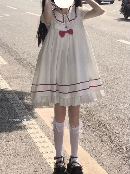 ชุดเดรสหวานสไตล์สถาบันญี่ปุ่น-ชุดเดรสตุ๊กตาผูกโบว์ยาวกระโปรงหลวม