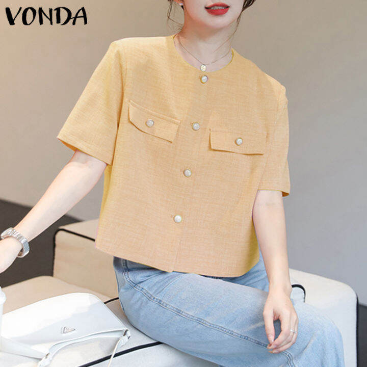 จัดส่งฟรี-เสื้อเบลเซอร์คอกลมแขนสั้นสำหรับผู้หญิง-fancystyle-vonda-โอแอลที่ทำงานกระดุมแถวเดียวชุดออกกำลังกายแบบทึบ