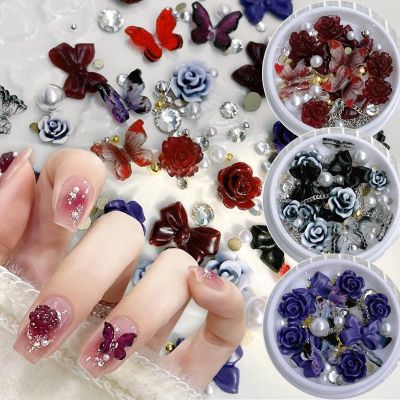 3d Dekorasi Kuku Mawar Merah Resin Bunga Dengan Mutiara Manik Logam Studs Butterfly Heart Mixed Nail Charms Manicure Accessories DIY 5211059☂∏✽