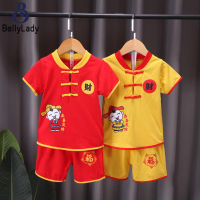 2 Pieces Boys Chinese Style Tang Suit Retro Short Sleeves V Neck Tops Half Pants Set【fast】