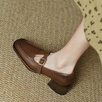 British female small leather shoes design feeling small restore ancient ways with thick with French womens shoes in the shallow mouth single brown shoes