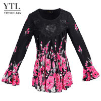 Ytl Womens Flower Bloom Print Pleated Casual Loose Tunic Tops Applique Elegant Plus Size BlouseFor Female 6xl 7xl 8xl W005