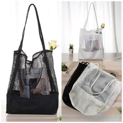 ✧☒▬ Korean Fashion Canvas Tote Bag Mesh Canvas Shoulder Bags for Women Simple Beach Net Tote Shopping Bag