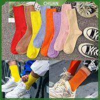 CHUAN ถนนตามท้องถนน ถุงเท้าหลอดขนาดกลาง ท่อขนาดกลาง สีทึบทึบ ถุงเท้าถักนิตติ้ง เทรนด์สีเขียวสีส้ม พังก์สไตล์ ปลอกสำหรับรองเท้าบู๊ต ผู้หญิงผู้ชาย