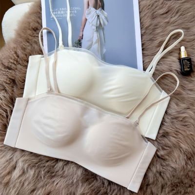 [COD] mulberry silk seamless underwear womens top style gathered breasts non-slip non-steel ring glossy strapless bra