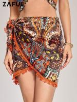 ZAFUL Bohemian Floral Mini Skirt For Women Printed Skirts Bottom Zipper Fly Crochet Tassel Tulip Hem Short Dress Dresses