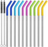 10 pack Reusable Stainless Steel Straw Set with Safe Silicone Flex Tip and Cleaning Brush 8.5 Inch Long Metal Drinking Straws Specialty Glassware