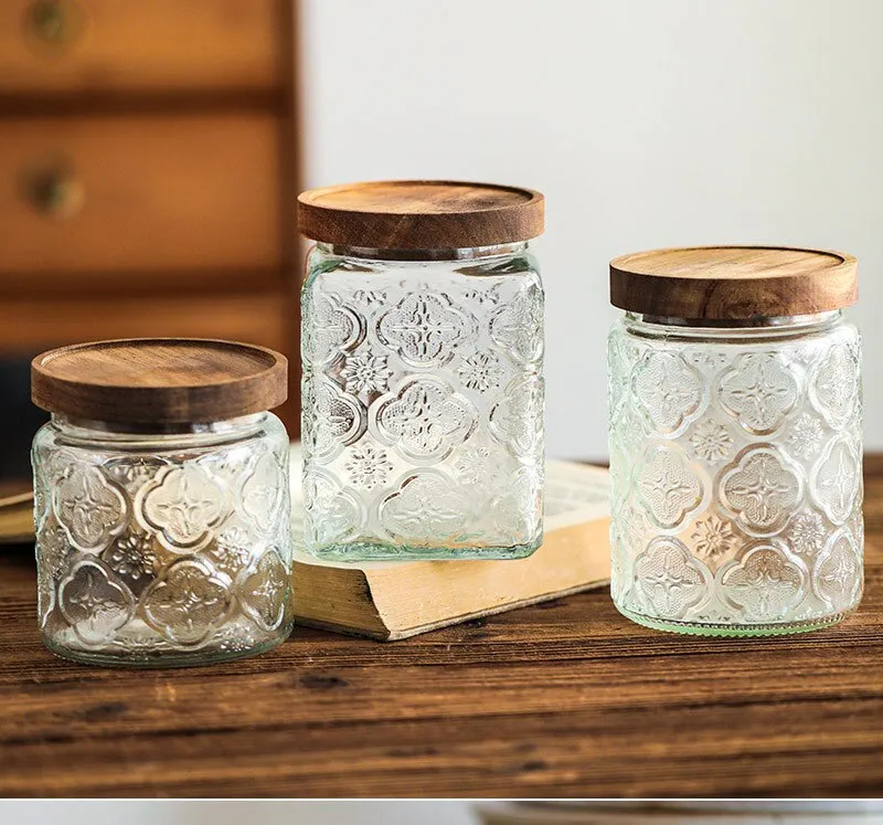 Vintage Square Embossed Glass Jar Acacia Wood Lid Sealed Jar Cylindrical  Kitchen Storage Bottle Sugar Food Storage Container New - Bottles,jars &  Boxes - AliExpress