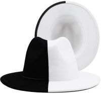 Black White Patchwork Felt Jazz Fedora Hat Imitation Woolen Jazz Cap Women Unisex Wide Brim Panama Gentleman Wedding Hat