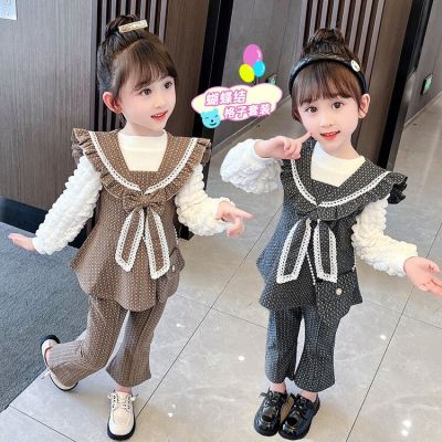 New female baby girl suits autumn lace bowknot is han edition children fashionable western style jacket lattice three-piece suit