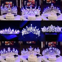 Glowing Tiaras Rhinestone Crystal Pearl Wedding Bride Crowns with Blue LED Light Luminous Princess Crowns Party Diadem