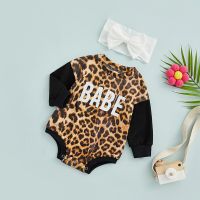 Fashion Infant Baby Girls Romper Clothes Letter Leopard Print Patchwork Round Neck Long Sleeve Jumpsuits with Bow Headband  by Hs2023