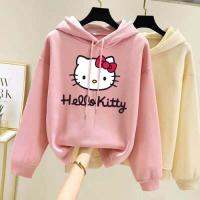 แฟชั่นเกาหลี hello kittyนการ์ตูนพิมพ์บวกกำมะหยี่หลวมแขนยาวเสื้อโค้ตเสื้อกันหนาวมีฮูดเสื้อผู้หญิงและผู้ชายน่ารักสุดๆ