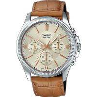 Casio นาฬิกาข้อมือผู้ชาย สายหนังแท้ 4 หน้าปัด 6 เข็ม ขอบหยัก รุ่น MTP-1375