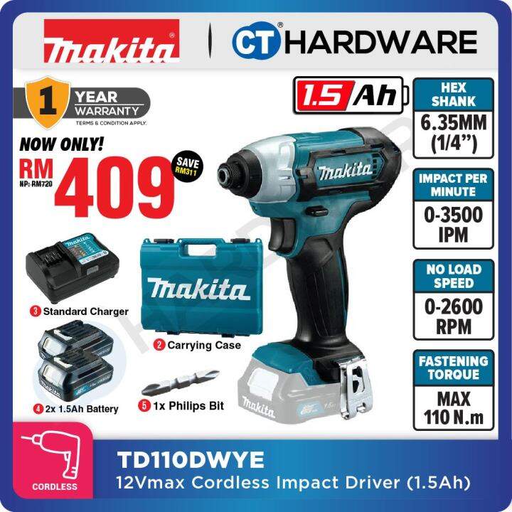 MAKITA TD110DWYE 12V CORDLESS IMPACT DRIVER COME WITH 2x 1.5AH