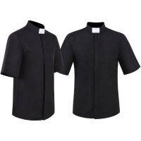 Priest Shirt Pastor Men Clergy Stand-up Tab Collar Catholic Church Minister Preacher Short Sleeve Tops Roman Blouse S-5XL