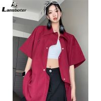 Lansboter เสื้อทำงานสีทึบไม่สม่ำเสมอดีไซน์เฉพาะอเมริกันเสื้อเชิ้ตผู้ชายฤดูร้อน