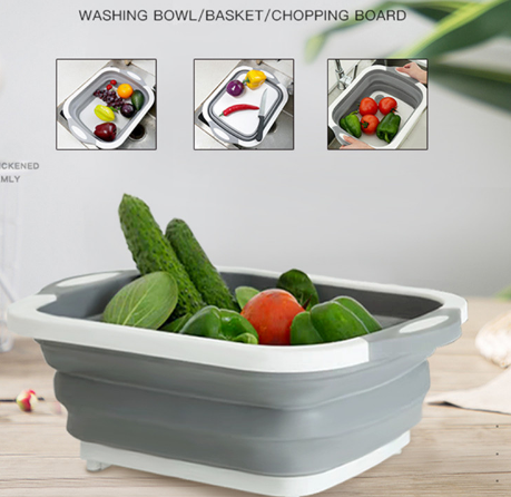 Collapsible Cutting Board, Foldable Chopping Board with Colander,  Multifunctional Kitchen Vegetable Washing Basket Silicone Dish Tub for BBQ