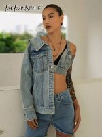 ZZOOI TWOTWINSTYLE Asymmetrical Individuality Denim Jacket For Women Lapel Long Sleeve Casual Short Jackets Female Fashion New 2022