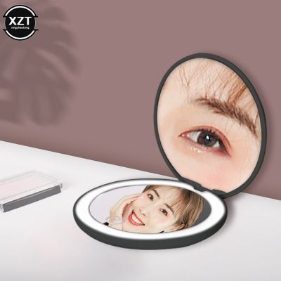 Portable LED Light Makeup Mirror Compact 2X Magnifying Brightness Mirror with Light Round Hand Folding Mirror Cosmetic Tool Mirrors