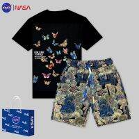 【July hot】 NASA joint summer port cabinet luxury product set pure round neck short-sleeved printed tide brand bear net red