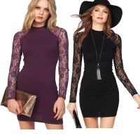 【cw】 European and American Autumn and Winter Womens Lace Long Sleeve Patchwork round Neck Wool Plush Dress Casual All-Match Dress 1836 ！