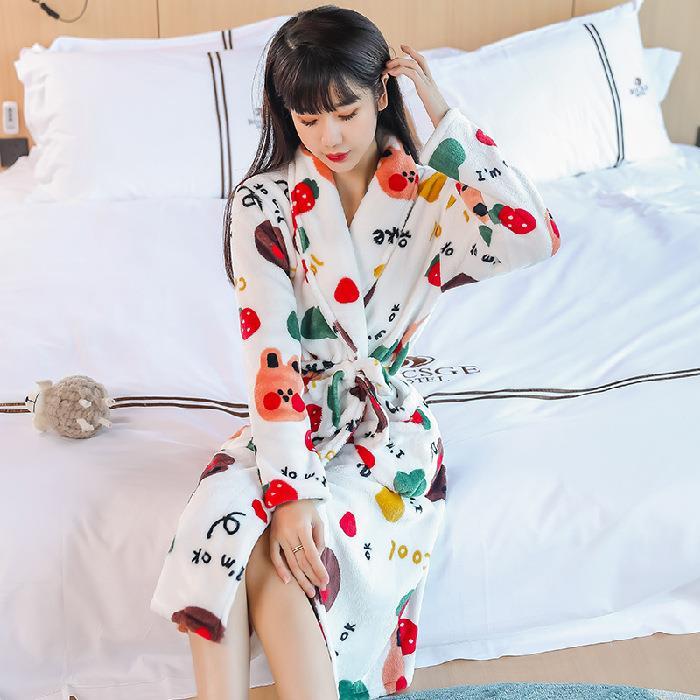 xiaoli-clothing-สตรอเบอร์รี่พิมพ์แขนยาวเสื้อคลุม-nightgown-กิโมโนสักหลาดเสื้อคลุมอาบน้ำฤดูหนาวคาร์ดิแกน-homewear-คอ-v-ชุดนอนหลวม