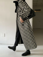 Women Autumn Winter Plaid Casual Houndstooth Jacket Woolen Blends Long Sleeves Loose Coat Outerwear Fashion Oversized Cloak