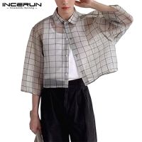 Incerun เสื้อครอปแขนสั้นลําลอง ทรงหลวม ลายสก๊อต สําหรับผู้ชาย