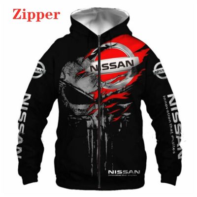 2023 New Nissan Car Logo Punisher Hoodie 3D Print Zipper Sweatshirt Harajuku Pullover Motocross Jackets Men Women Clothing