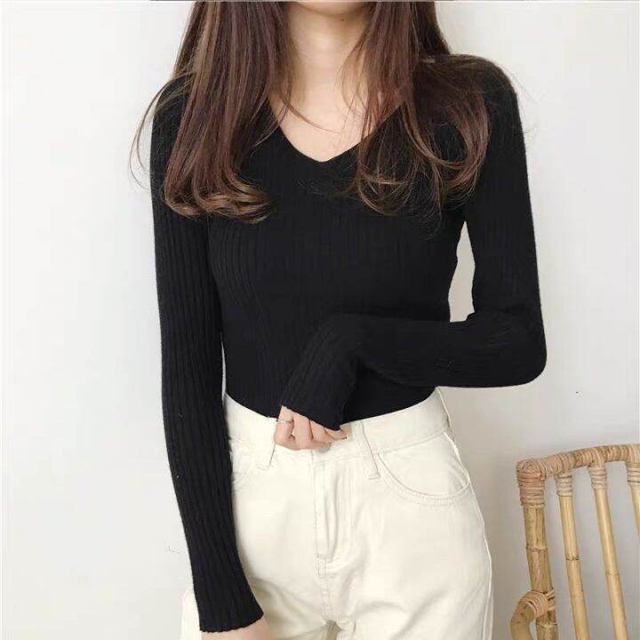 New Korean V-Neck Fashion Knitted Plain Long Sleeve Top | Lazada PH