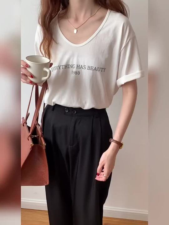 2023 Summer Casual Letter Print Short Sleeve Round Neck Loose T