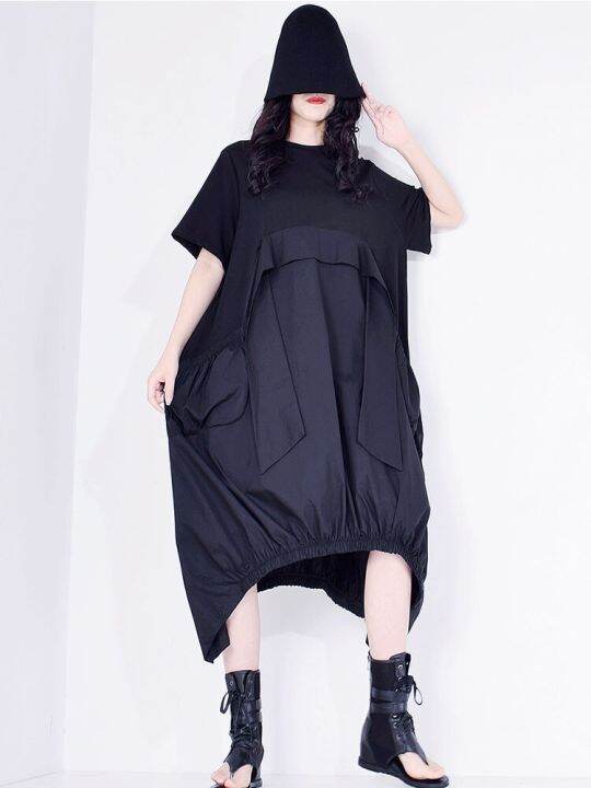 xitao-dress-irregular-patchwork-casual-tassels-dress-short-sleeve-draped-loose-t-shirt-dress