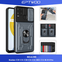 EPTWOO สำหรับ Realme C53 C35 C31 C20 C21 C11 2021 C11 8i 8 8 Pro เคสโทรศัพท์สไลด์กระเป๋าสตางค์ที่ถอดออกได้ช่องเสียบการ์ดผู้ถือกันกระแทกเกราะ Push Pull กล้องป้องกันปลอกแม่เหล็กขาตั้งแหวน LJ-01