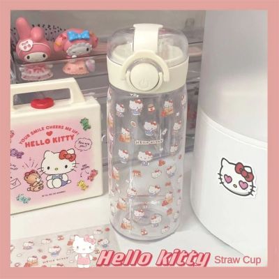 FLEWWER Hello Kitty ฟางฤดูร้อนถ้วยน้ำพลาสติกน่ารักสำหรับนักเรียนแก้วพกพาสะดวก