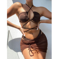 3 PCS Bandage Halter Bikini Female Swimsuit Women Swimwear Three Pieces Bikini Set With Mesh Skirt Bather Bathing Suit Swim Lady