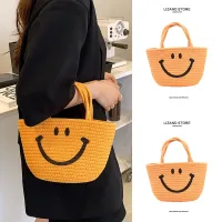 Summer texture niche smiling face large bag for women 2023 new large capacity commuter portable woven bucket bag 【JYUE】